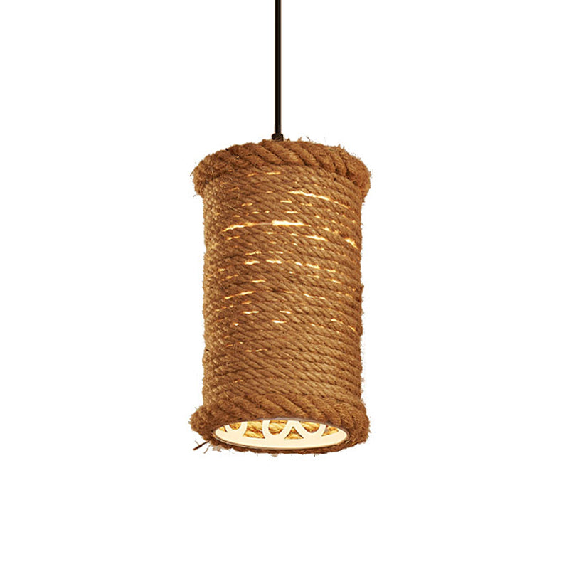 Brown Cylinder Ceiling Pendant Light Farm Style Rope 1 Head Dining Room Metal Hanging Lighting