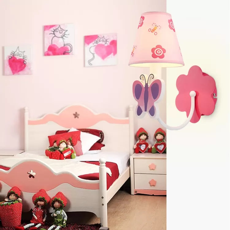 Cute Butterfly Wall Sconce 1 Light Metal Wall Light with Fabric Shade in Pink for Girls Room