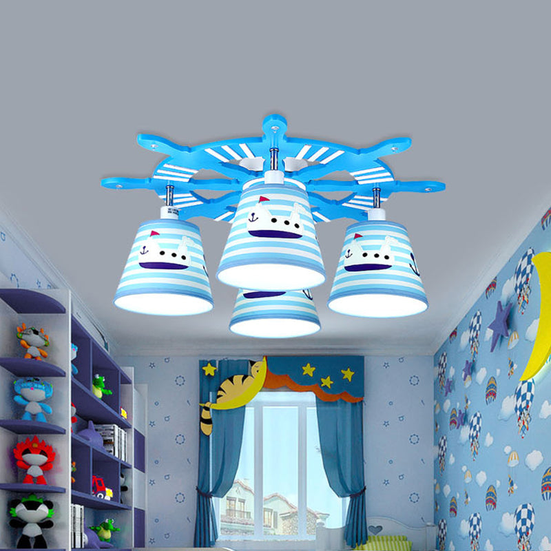 Nautical Style Steamship Semi Flush Ceiling Light Wood 4 Lights Blue Ceiling Lamp for Foyer