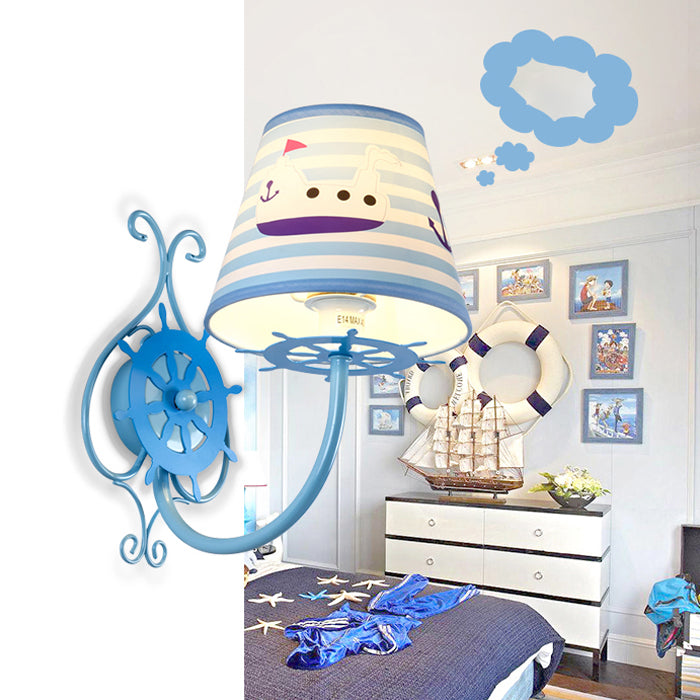 Ocean Style Ship Wall Light with Rudder 1 Bulb Blue Wall Sconce for Kid Bedroom