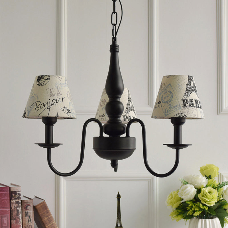 Three Lights Bucket Shade Chandelier Kids Metal Hanging Light for in Black for Kindergarten