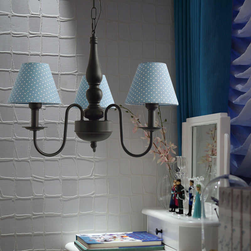 Three Lights Bucket Shade Chandelier Kids Metal Hanging Light for in Black for Kindergarten