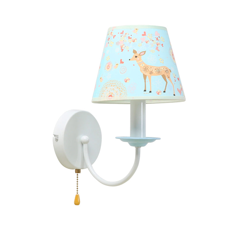 Animal Sika Deer Wall Light with Pull Chain Fabric 1 Light Blue Wall Sconce for Girls Bedroom