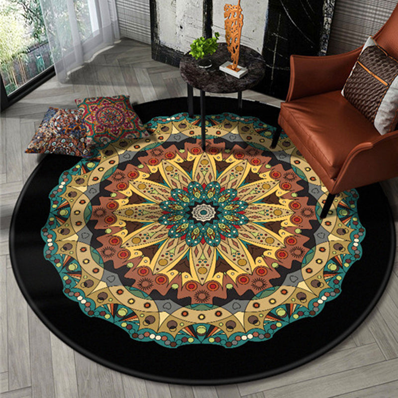 Black Southwestern Rug Polyester Tribal Rug Washable Carpet for Bedroom