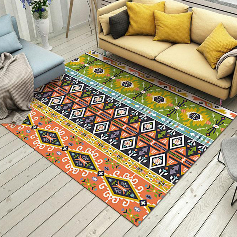 Tribal Stain Resistant Indoor Rug Ethnic Striped Geometric Area Rug Orange and Green Polyester Pet Friendly Rug