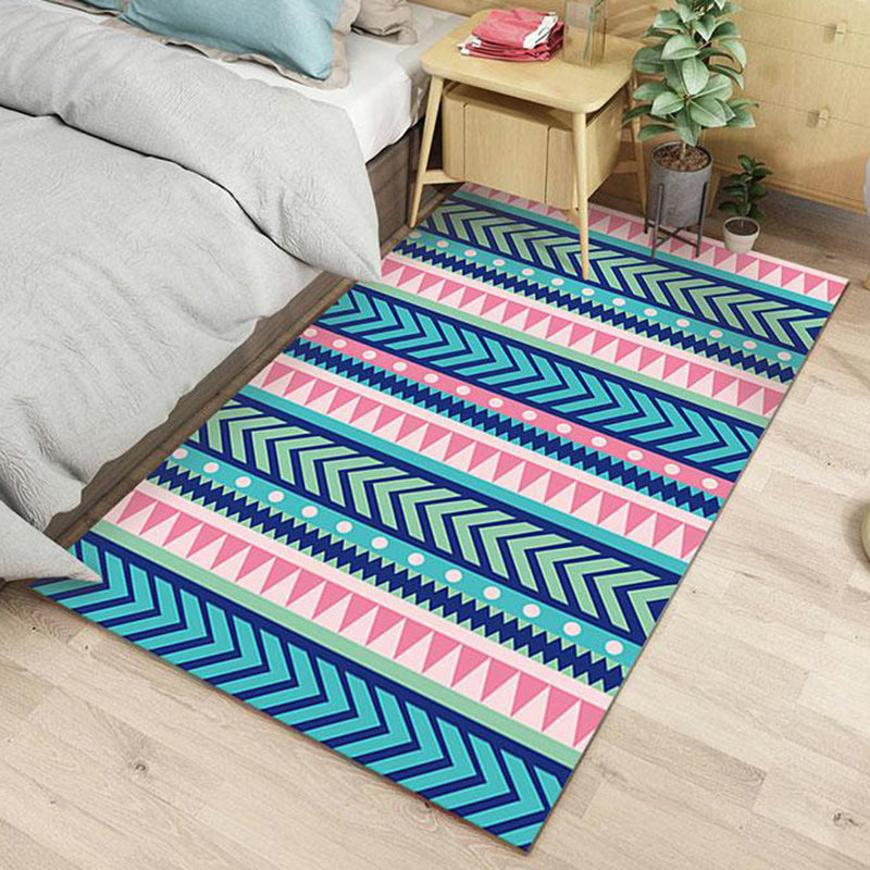 Blue and Pink Striped Tribal Rug with Chevron Geometric Polyester Pet Friendly Stain Resistant Indoor Rug for Bedroom