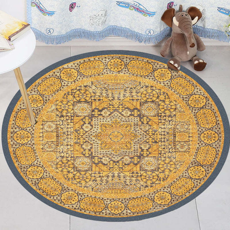 Moroccan Floral Pattern Rug Yellow Polyester Rug Non-Slip Backing Machine Washable Carpet for Bedroom