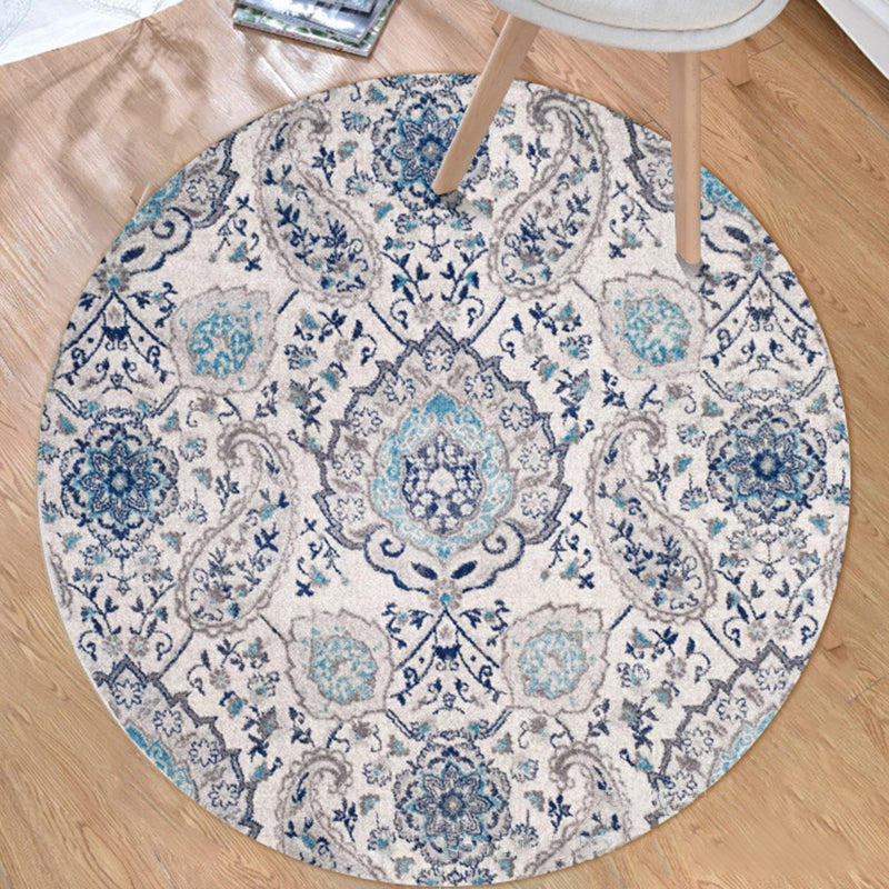 Vintage Floral Paisley Rug Light Blue Moroccan Rug Polyester Non-Slip Backing Machine Washable Area Rug for Bedroom