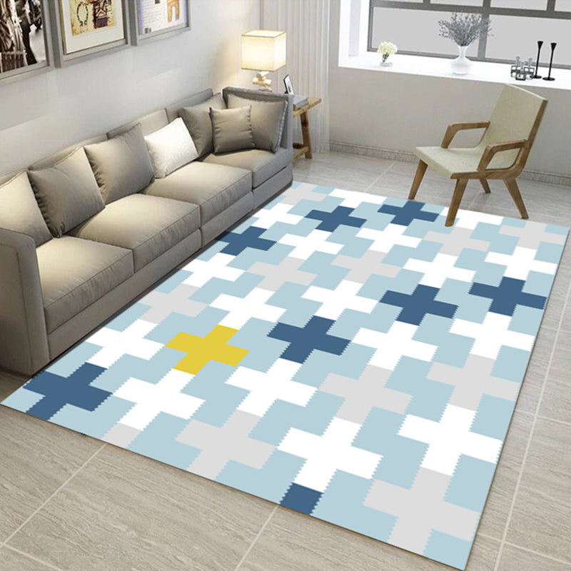 Unique Geometric Print Rug Blue and White Modern Rug Polyester Washable Area Rug for Bedroom
