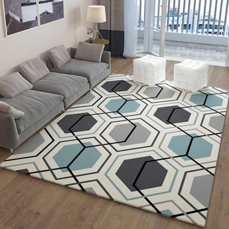White and Blue Simple Rug Polyester Geometric Striped Pattern Rug Washable Area Rug for Bedroom