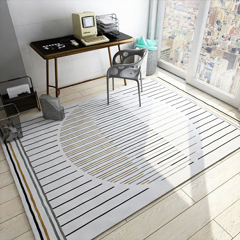 White Contemporary Rug Polyester Striped Pattern Rug Washable Carpet for Bedroom