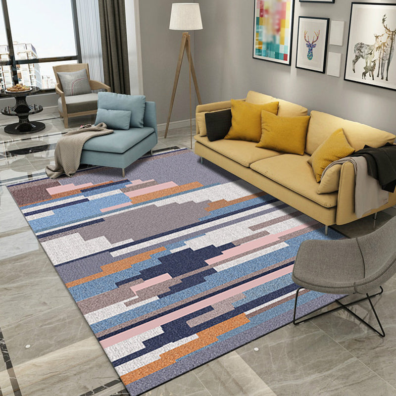 Contemporary Striped Pattern Rug Purple Multicolor Polyester Rug Machine Washable Anti-Slip Area Rug for Bedroom