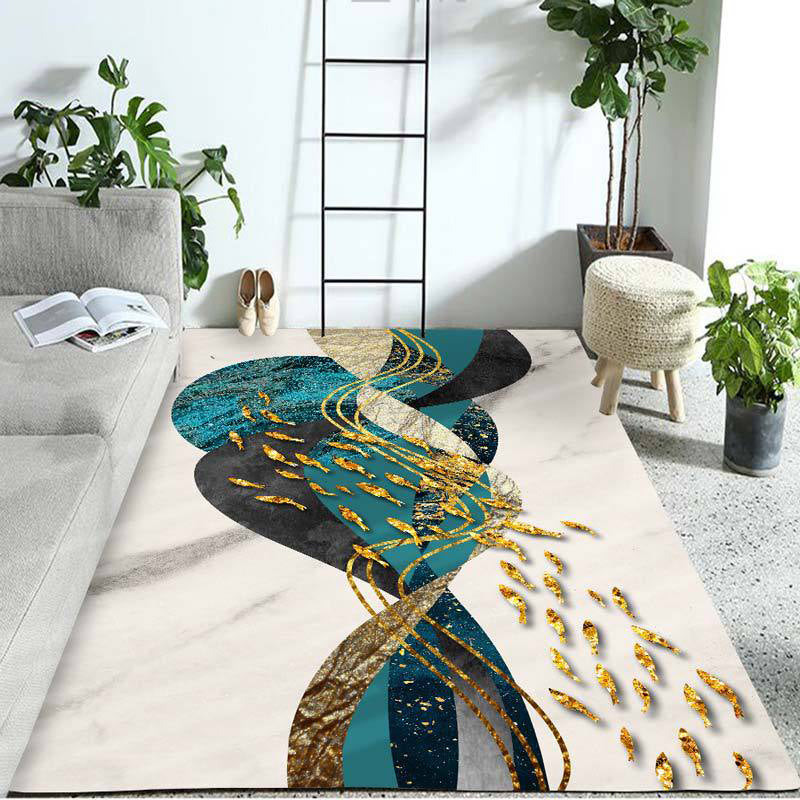 Washable Modernism Blue Green Polyester Area Rug with Fish Group Pattern Parlor Mat