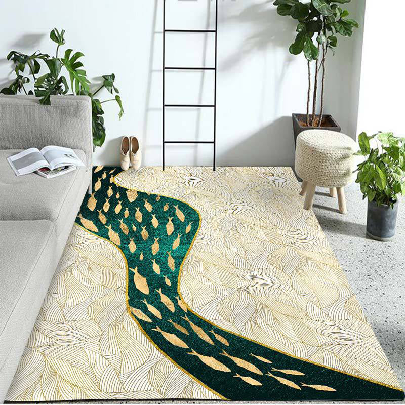 Contemporary Polyester Colorful Area Rug with Fish Group Pattern Washable Area Rug for Living Room