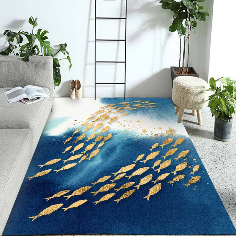 Polyester Rug Blue Series Modern Style Washable with Fish Group Pattern Room Rugs