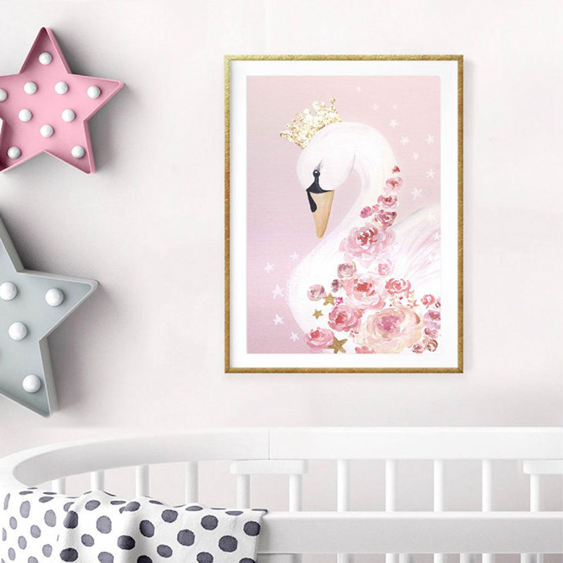 Crown Swan and Bloom Wall Art Decor Living Room Wild Animal Canvas Print in Pink