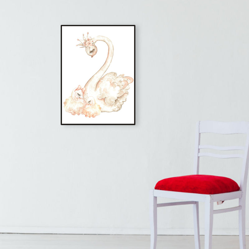 Swan with Crown Print Painting Kids Style Animal Textured Canvas Wall Decor for Room