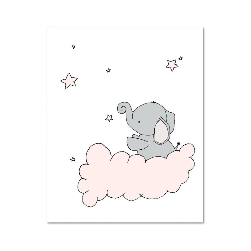 Children's Art Cartoon Elephant Wall Decor Pastel Color Sitting Room Wrapped Canvas