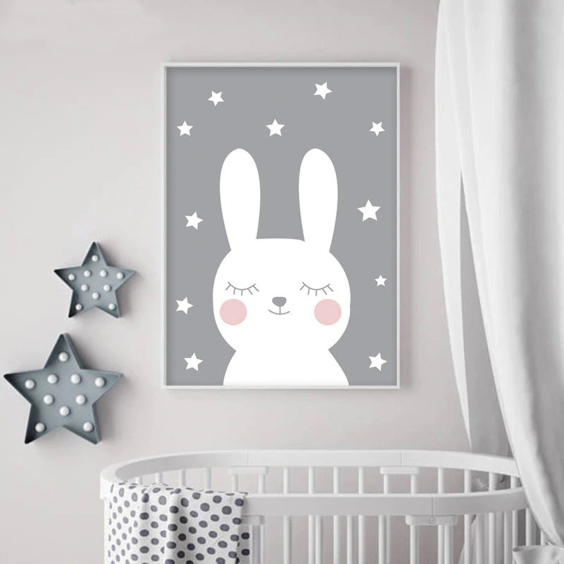 Eye-Closed Rabbit Wrapped Canvas White Children's Art Wall Decor for Baby Bedroom