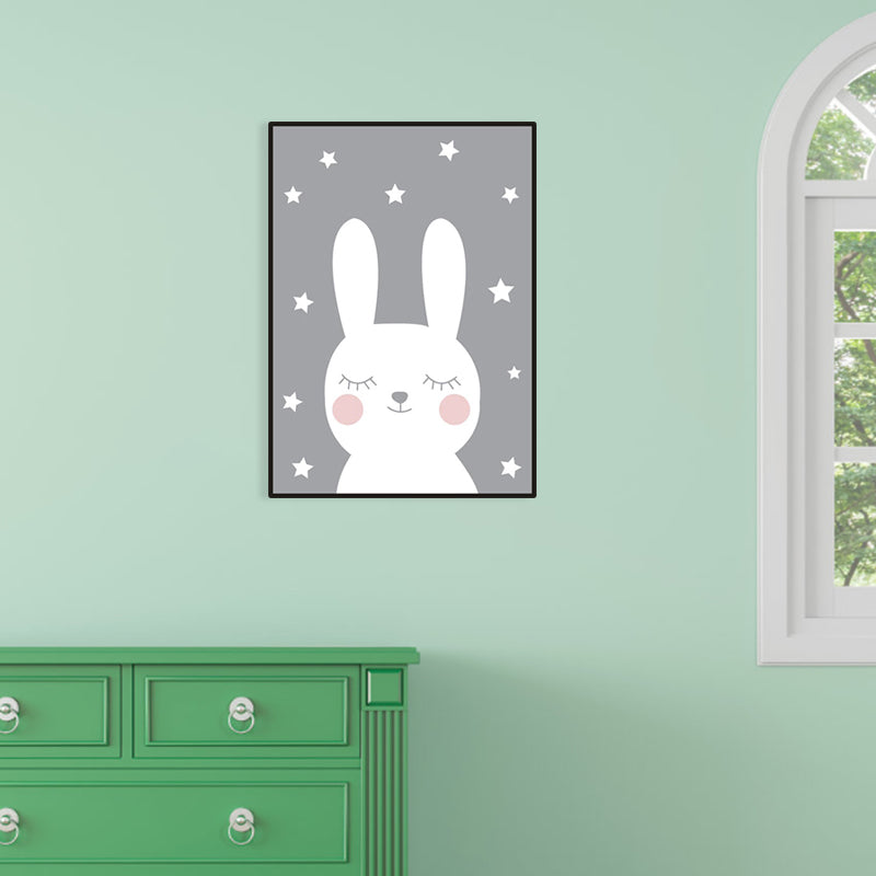 Eye-Closed Rabbit Wrapped Canvas White Children's Art Wall Decor for Baby Bedroom