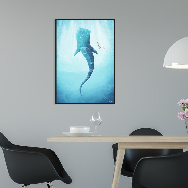 Giant Whale and Diver Wrapped Canvas Children's Art Marine Animal Painting in Blue