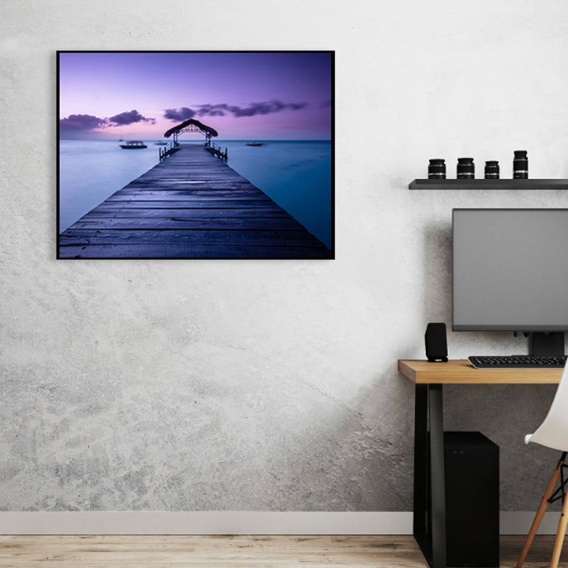 Seaside Bridge Scene Canvas Wall Art Modern Textured Room Wall Decor in Light Color