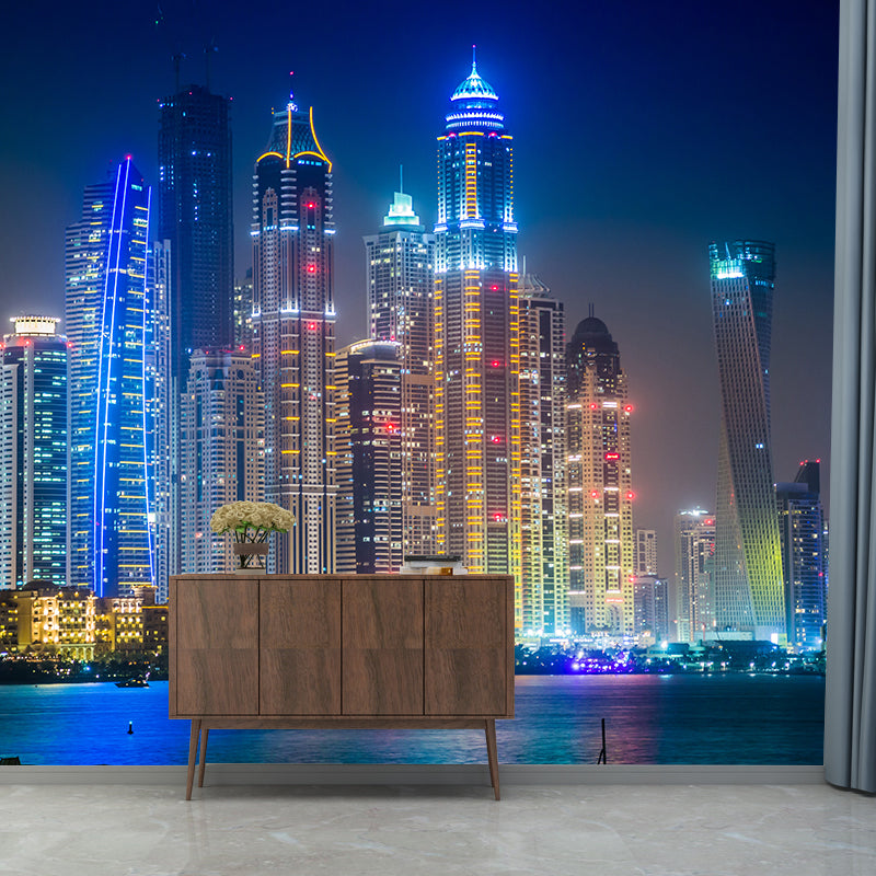 World Landmark Night Scene Mural Global Inspired Non-Woven Wall Decor for House Interior