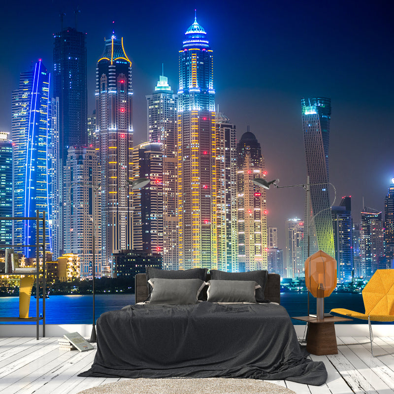 World Landmark Night Scene Mural Global Inspired Non-Woven Wall Decor for House Interior