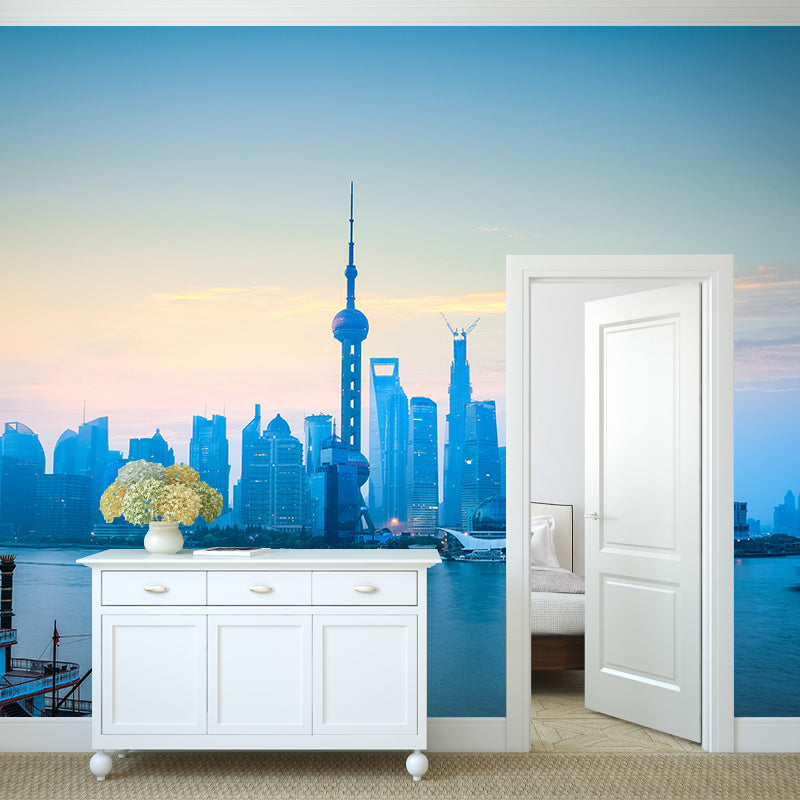 World Landmark Night Scene Mural Global Inspired Non-Woven Wall Decor for House Interior