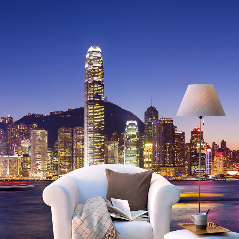 Custom Photographic Modern Mural with Aerial View of Night City in Dark Color for Bedroom