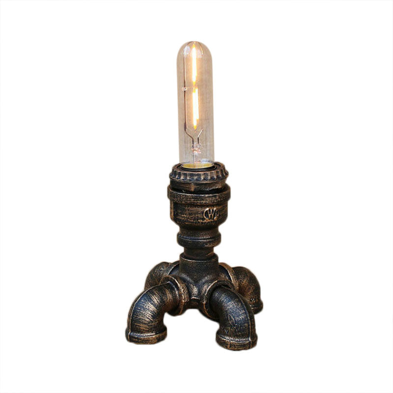 Steampunk Piped Table Lamp with Open Bulb Design 1 Head Metal Standing Table Light in Antique Bronze
