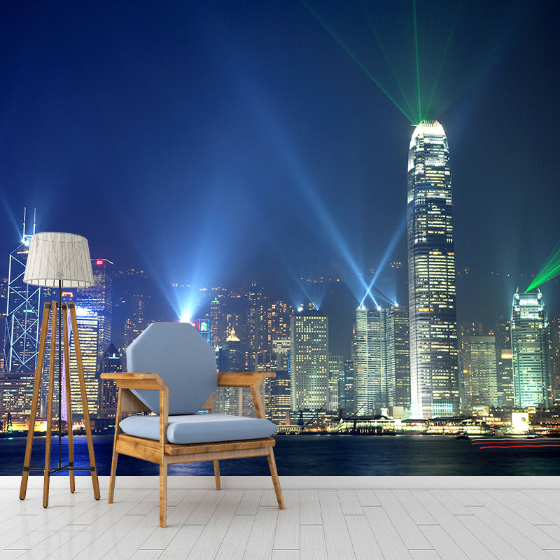 Custom Photographic Modern Mural with Aerial View of Night City in Dark Color for Bedroom