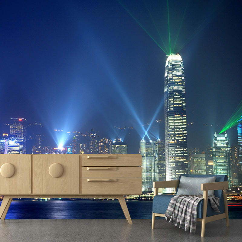 Custom Photographic Modern Mural with Aerial View of Night City in Dark Color for Bedroom