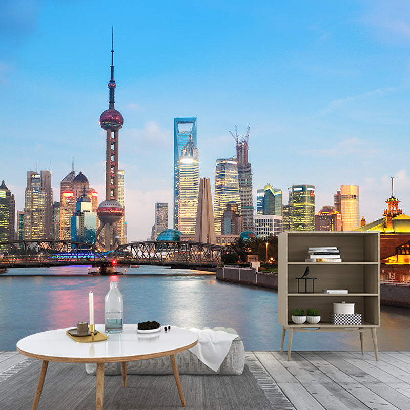 Custom Photographic Modern Mural with Aerial View of Night City in Dark Color for Bedroom