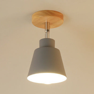 Suspension semi-encastrée conique pour chambre à coucher en métal contemporain 1 éclairage de plafond gris clair/rose avec auvent en bois