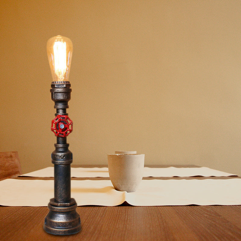 1 Bulb Plumbing Pipe Table Light with Open Bulb and Valve Industrial Bronze Metallic Standing Light
