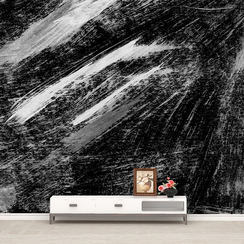 Black Brush Stroke Graphic Mural Wallpaper Contemporary Non-Woven Wall Covering, Custom Printed