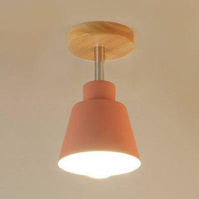 Suspension semi-encastrée conique pour chambre à coucher en métal contemporain 1 éclairage de plafond gris clair/rose avec auvent en bois
