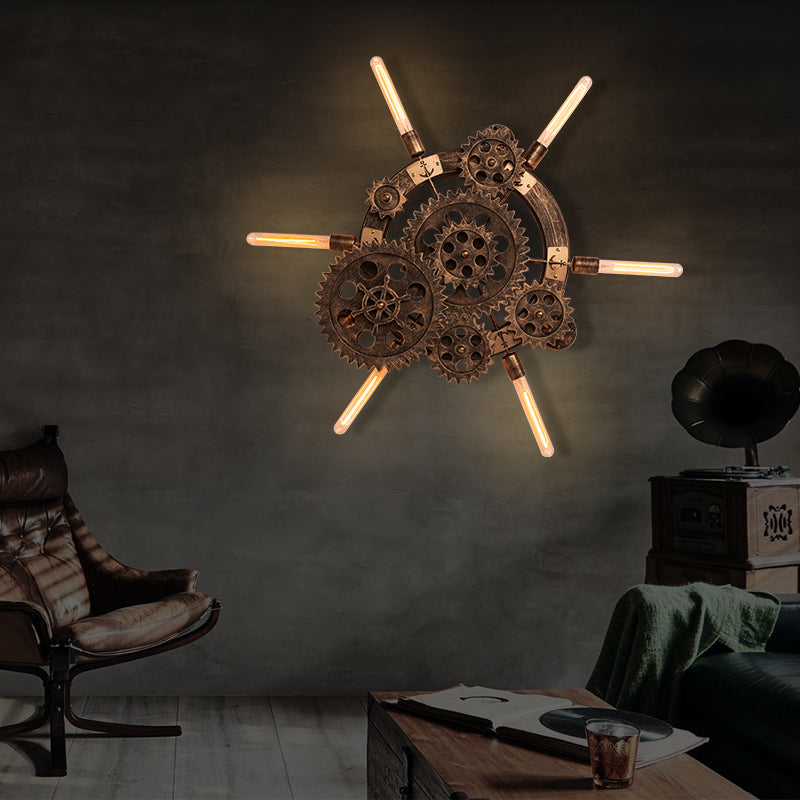 Iron Gear Wall Lamp Farm Style 6 Lights Living Room Wood Sconce Light Fixture in Brass with Open Bulb