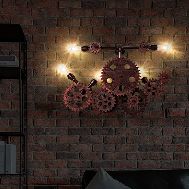 Vintage Gear Wall Light Leuchten 5 Lichter Metallische Wandmontage Beleuchtung in Rost für Wohnzimmer