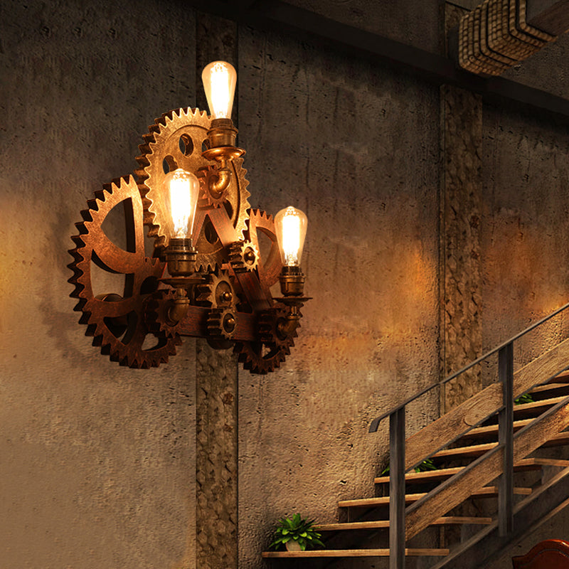 3 Bulbs Gear Wall Sconce Lighting Factory Rust Metal Wall Light Fixture for Coffee Shop