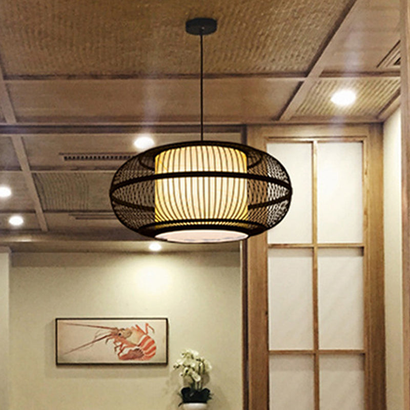 Schwarze ovale Deckenhänge Lantern Chinese 1 Glühbambus -Pendellampe mit alten Stadtabdruck, 19,5 "/23,5" W.