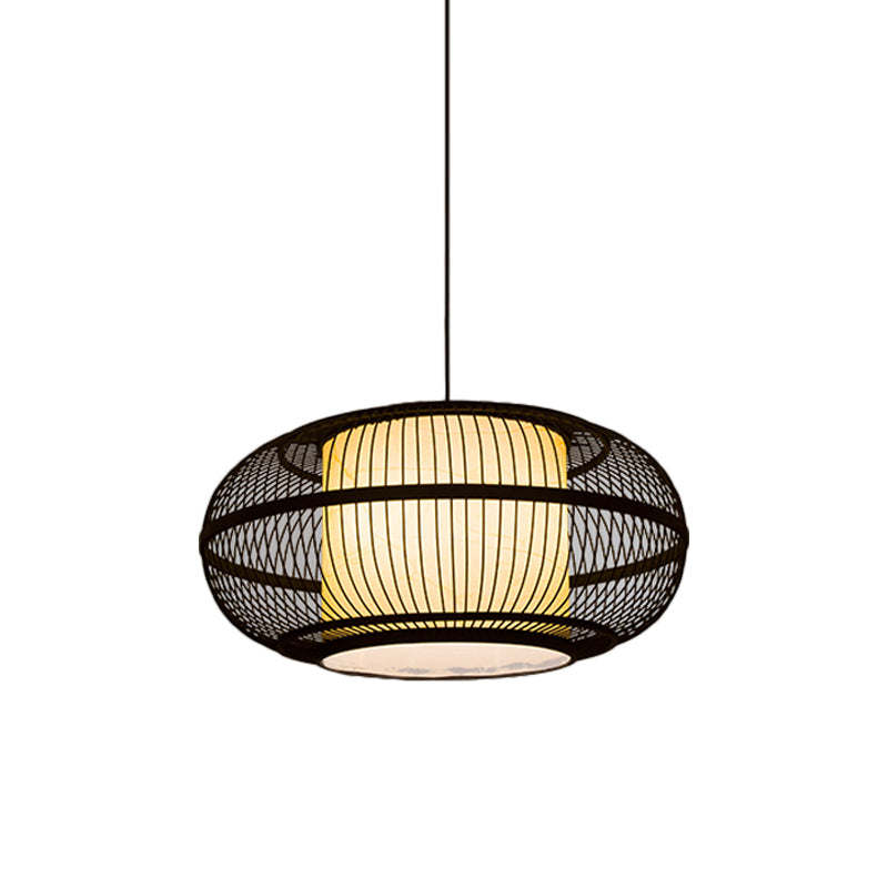 Schwarze ovale Deckenhänge Lantern Chinese 1 Glühbambus -Pendellampe mit alten Stadtabdruck, 19,5 "/23,5" W.
