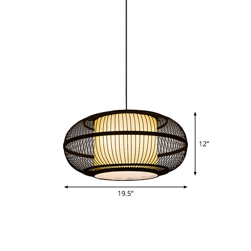 Schwarze ovale Deckenhänge Lantern Chinese 1 Glühbambus -Pendellampe mit alten Stadtabdruck, 19,5 "/23,5" W.