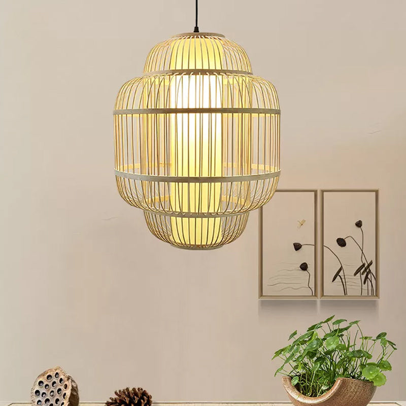 Bamboo lantaarn hanger verlichting Aziatisch 1-licht beige verlichting voor eetkamer, 16 "/19.5" /31,5 "w