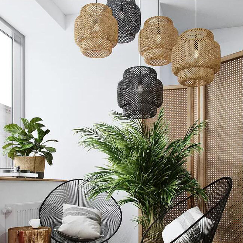 CRISS-CROSS LANTER LANTER PENDANT LANDE ASIAN BAMBOO 1 BULBE SOIX LUMIÈRE HAPPORT EN NOIR / BEIGE, 15 "/19.5" W