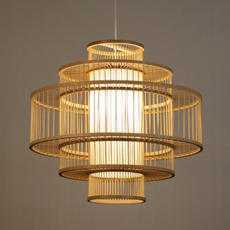 3-Shade Restaurant Hanging Light Bamboo 1 Head 16"/23.5"/31.5" Wide Asian Ceiling Pendant in Beige