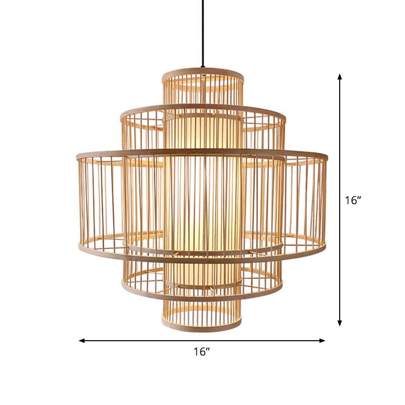 3-Shade Restaurant Hanging Light Bamboo 1 Head 16"/23.5"/31.5" Wide Asian Ceiling Pendant in Beige
