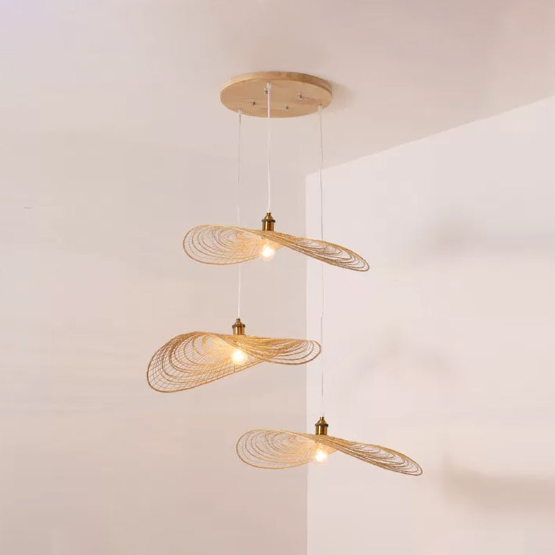 Chinese Style 1/3/6-Light Pendulum Light Beige Lotus Leaf Pendant Lighting with Bamboo Shade, 14"/16.5"/19.5" Wide
