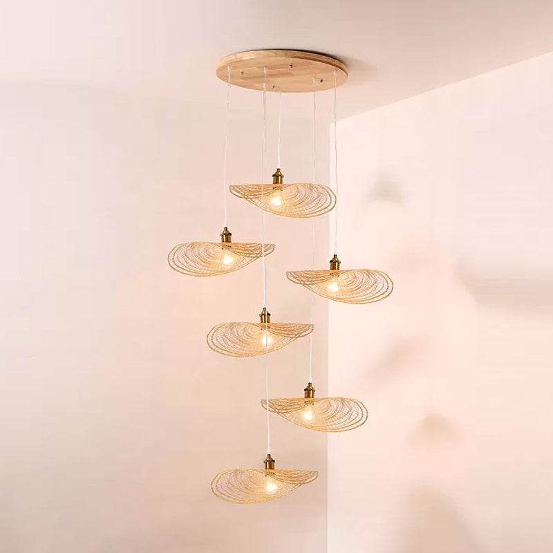 Chinese Style 1/3/6-Light Pendulum Light Beige Lotus Leaf Pendant Lighting with Bamboo Shade, 14"/16.5"/19.5" Wide